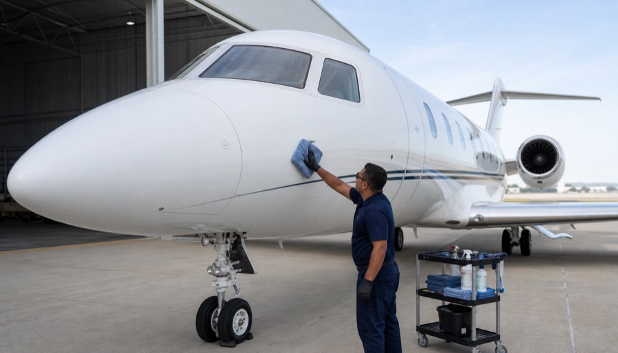 Aircraft technician hand-detailing the exterior of a business jet